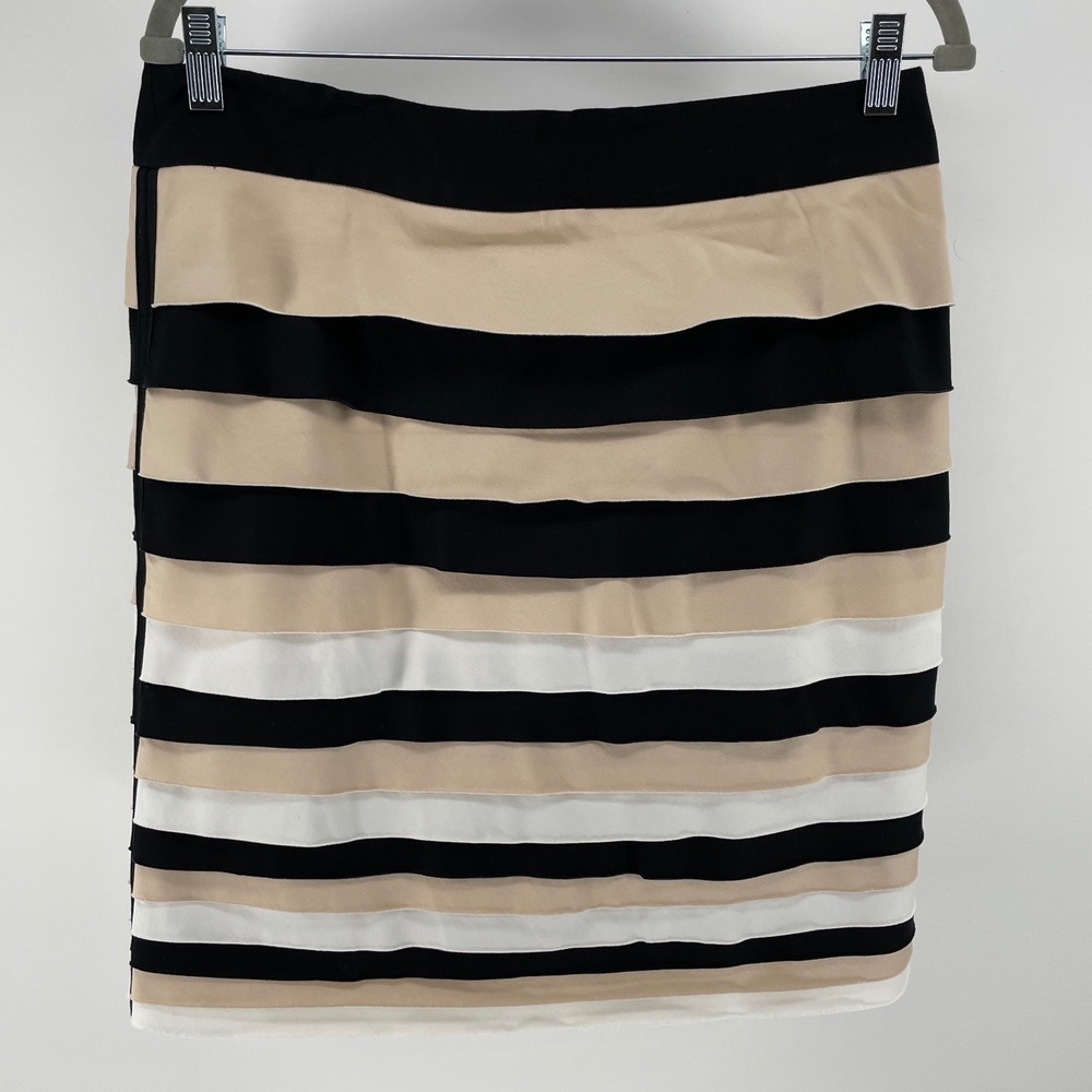 White House Black Market Pencil Skirt Women 10 Black Tan Striped Tiered Exc